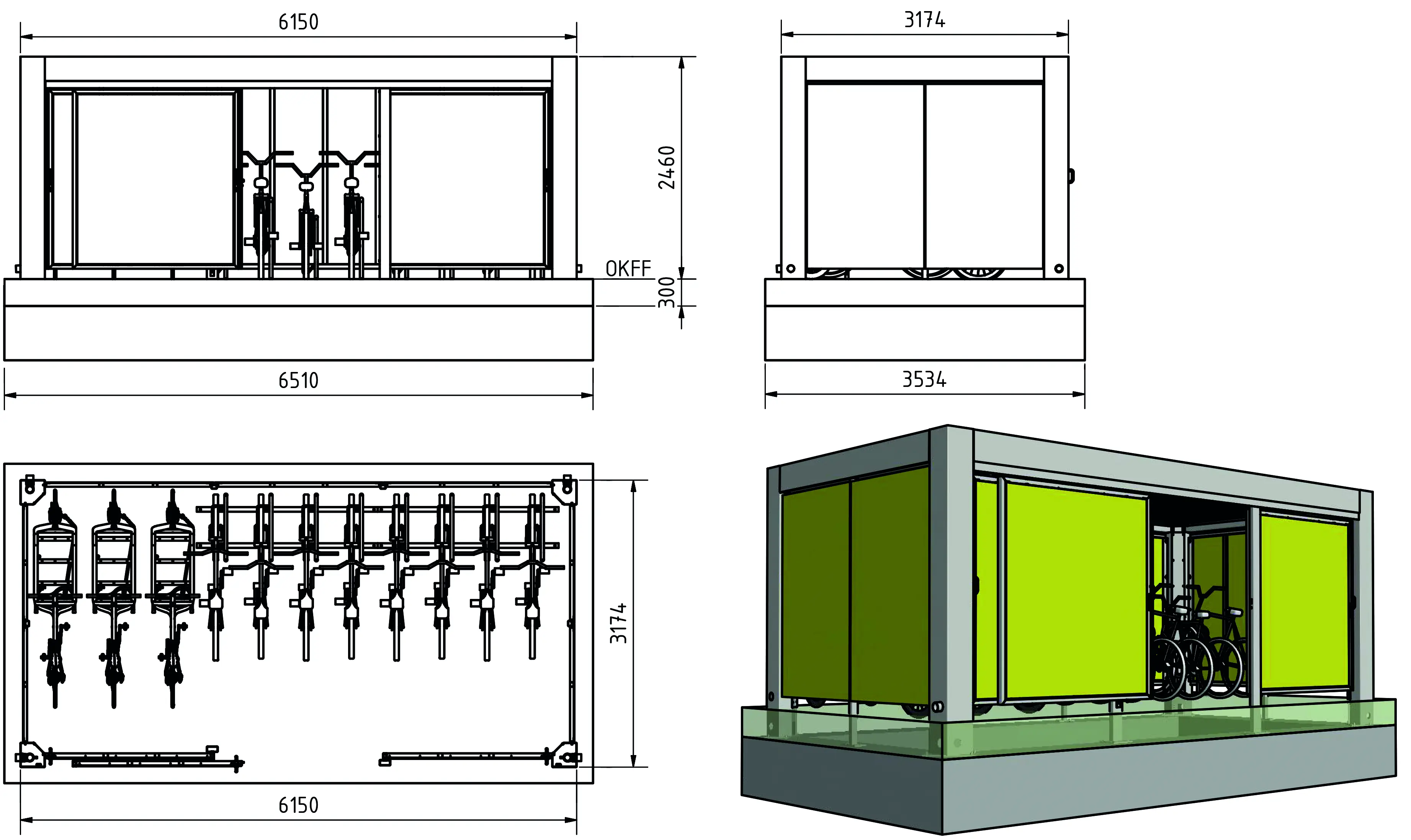 KUBUS 317 Konfiguration 3174×6150mm mit Schiebetüren – für Lastenräder geeignet
